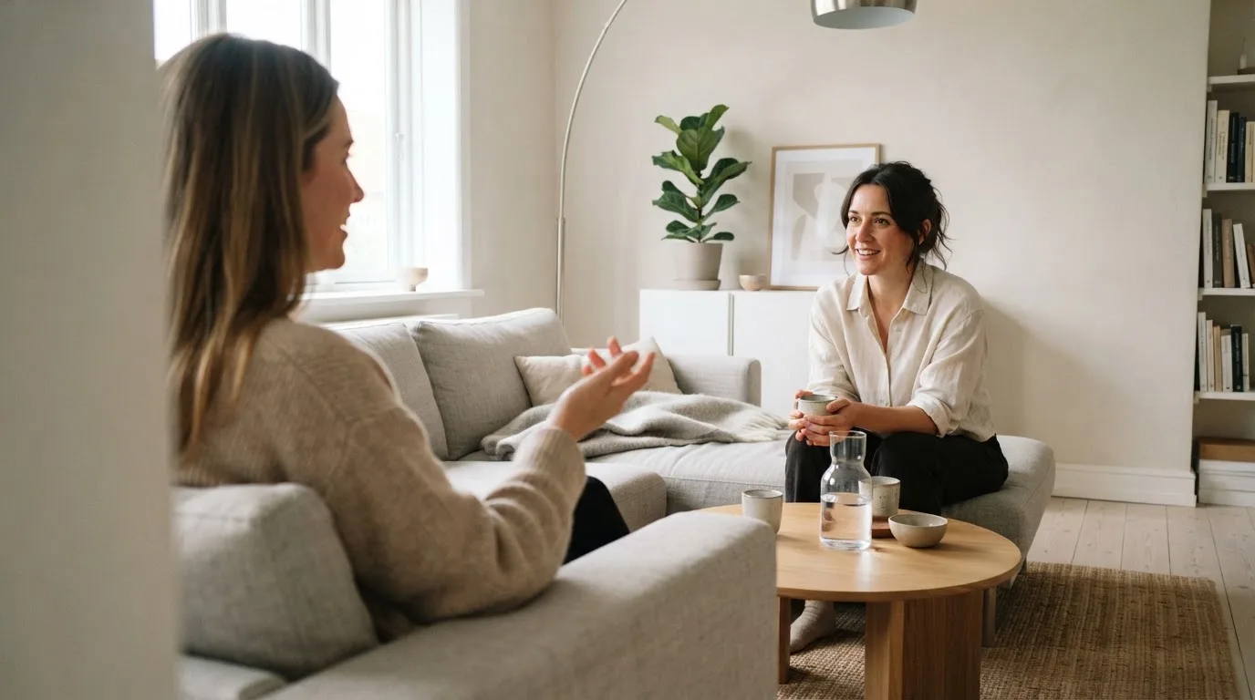 Två personer samtalar avslappnat i ett ljust vardagsrum med en soffa och mjuka texturer i bakgrunden.
