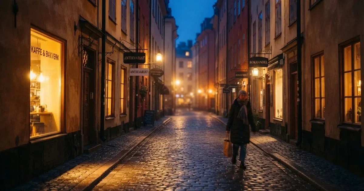 En stadsgata fotograferad i skymning med suddiga ljus från fönster i byggnader längs båda sidor.