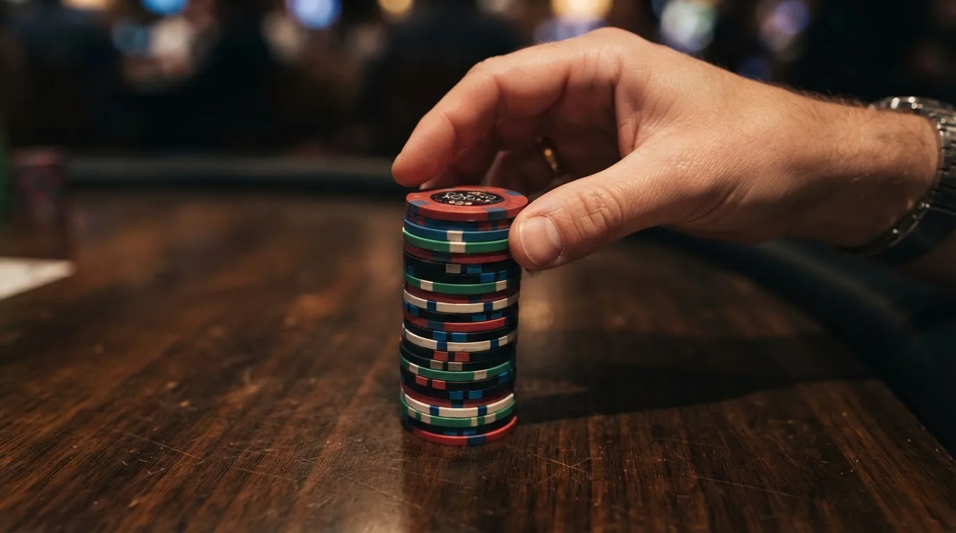 En hand sträcker sig mot en hög med spelmarker i blandade färger nära kanten av ett bord.